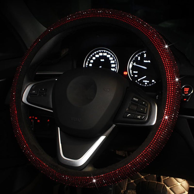 CARWALES Car Bling Steering Wheel Cover for Women Girls Burgundy 15 Inch Universal Red Crystal Rhinestone Diamonds Bling Bling Accessories Anti-Slip Wheel Protector - Image 3